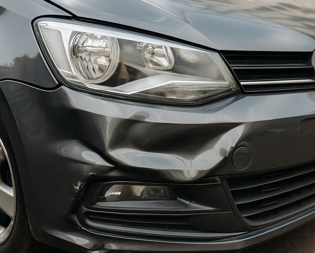 So sieht eine Delle an der Stoßstange vor der Reparatur durch den Beulendoktor aus